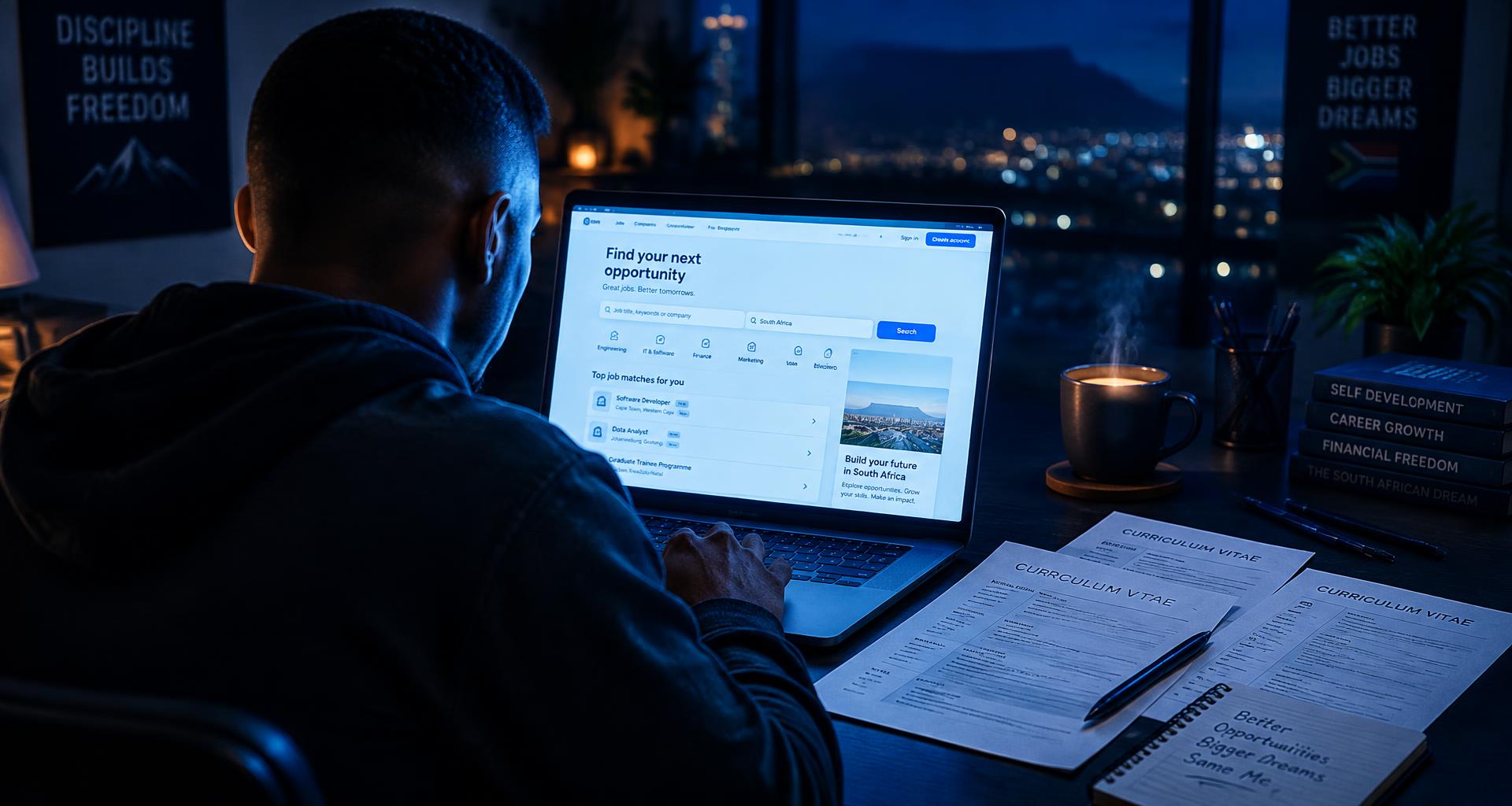 A determined job seeker working late on his next application